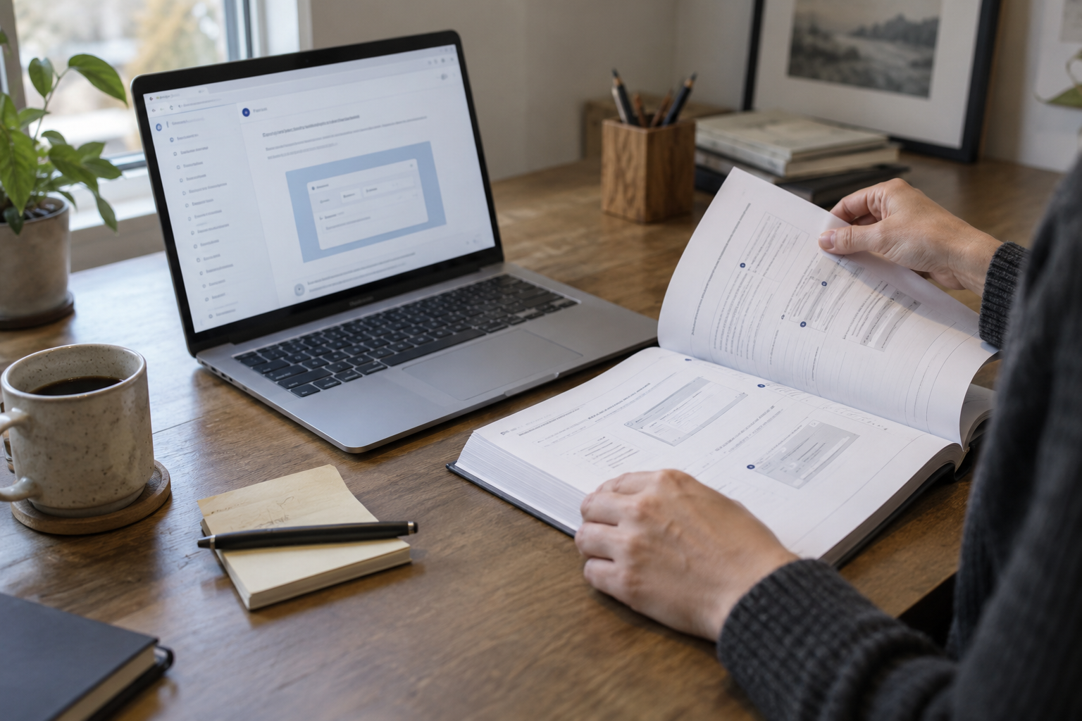 Technical writer working through a printed software user guide beside a laptop
