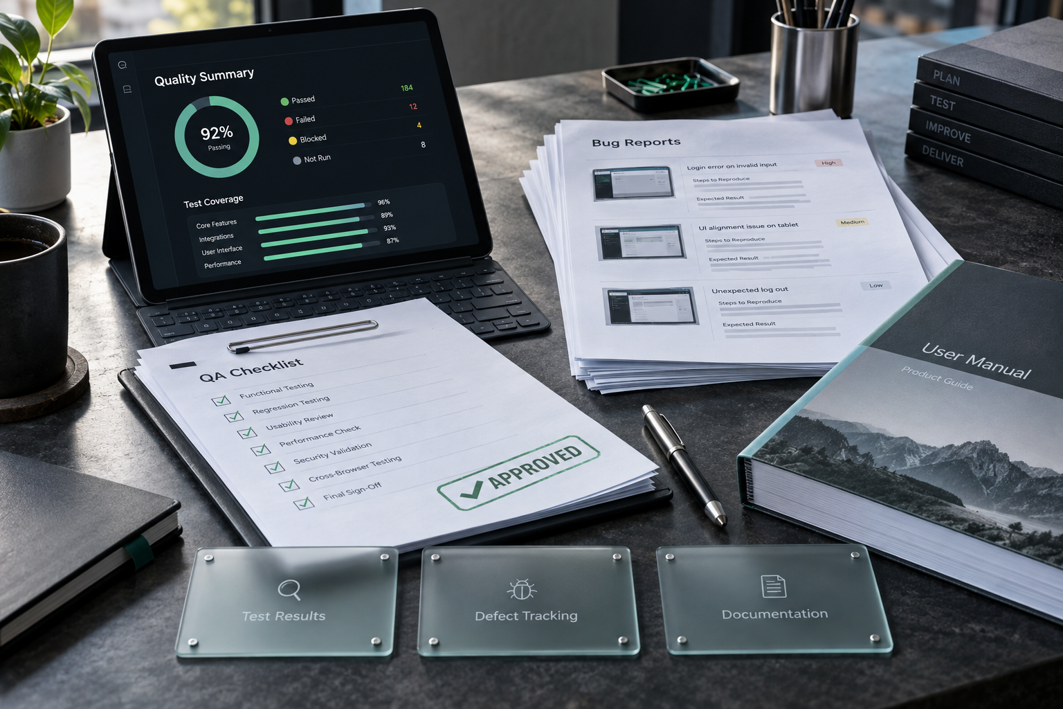 QA summary, checklist, and structured testing records