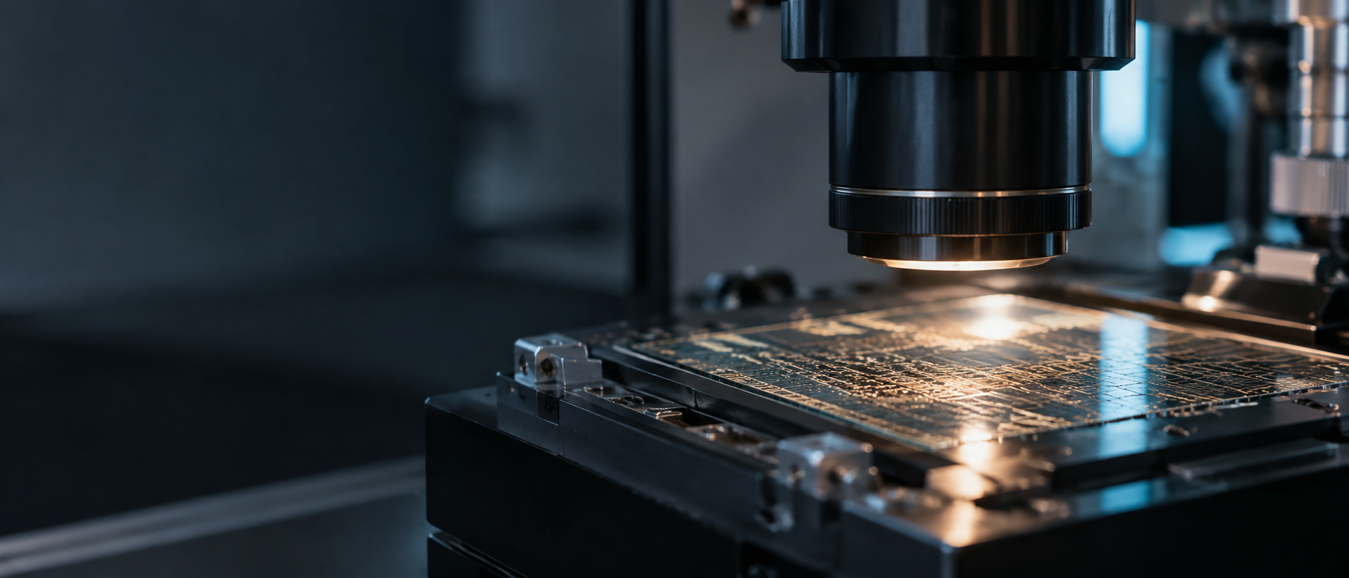 Precision microscope inspecting an electronic circuit