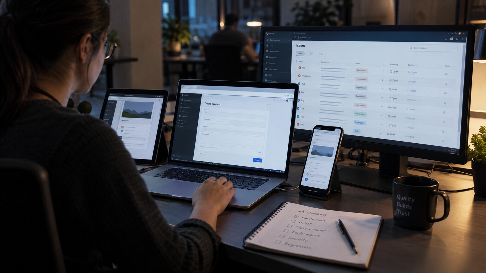 QA engineer executing scenarios across multiple devices