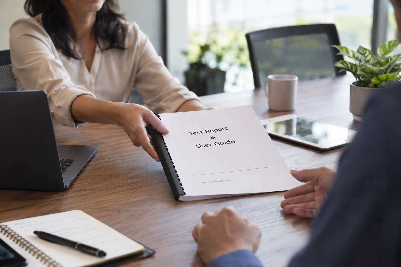 Final QA report and user guide being handed to a client