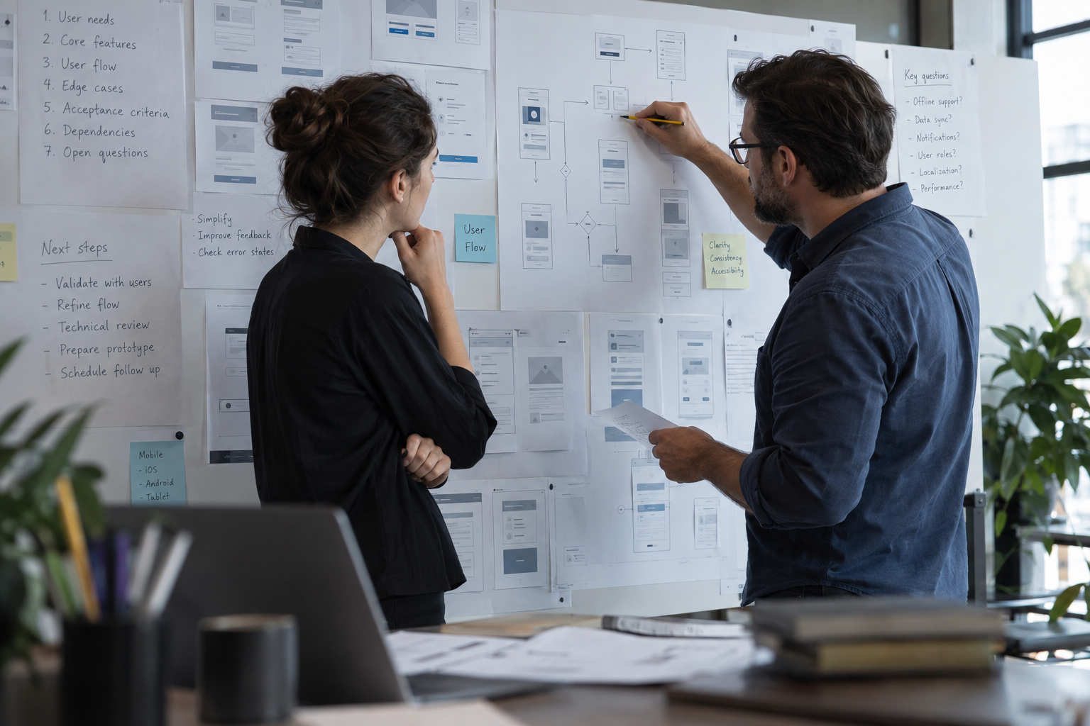 Product specialists reviewing requirements and user flows