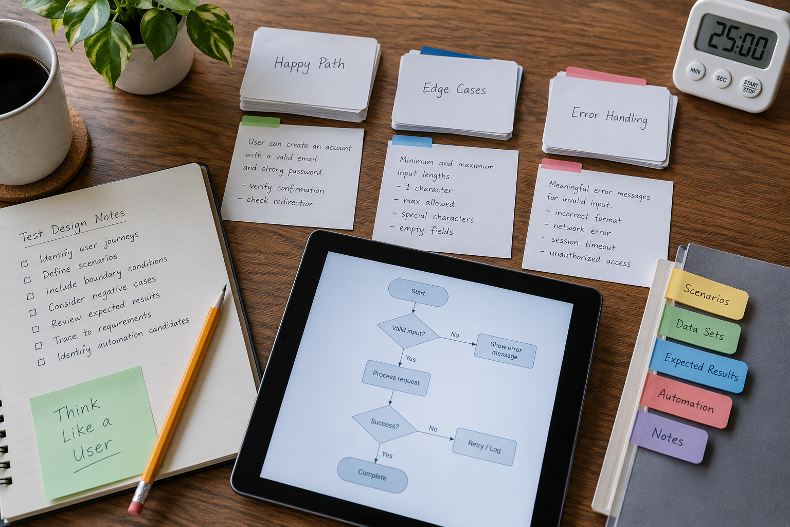 Structured test cases arranged beside a tablet