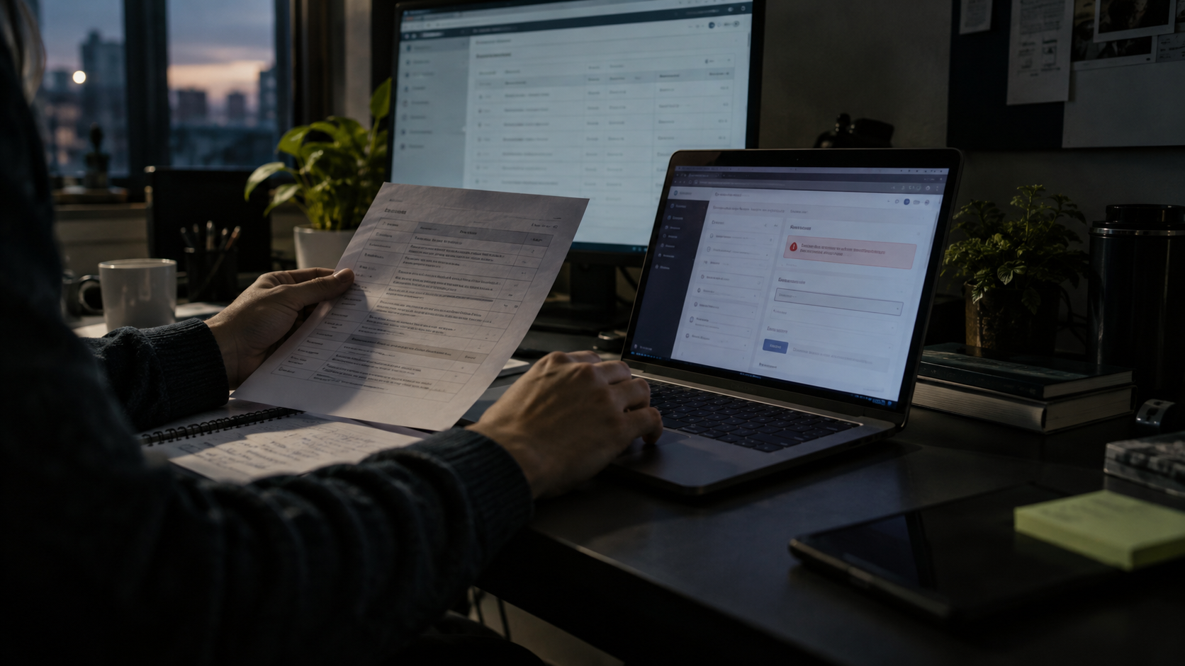 QA analyst comparing a printed test case with a business application at a desk