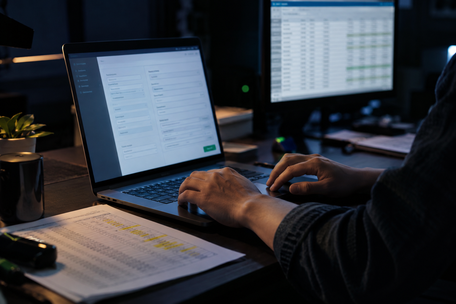 QA analyst entering controlled data while comparing a printed dataset