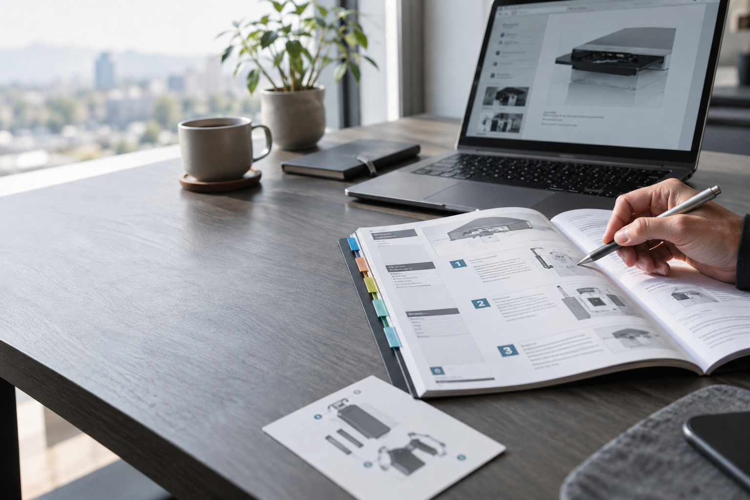 Printed technical user manual beside a modern laptop